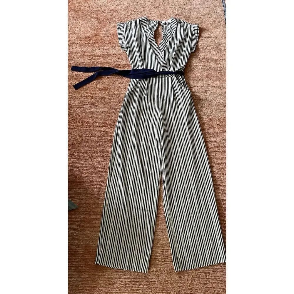 Monteau Navy Striped Short Sleeve Jumpsuit Romper w/Belt & Pockets Size XS